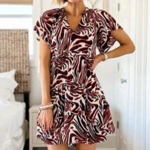 NWT Anthropologie Robin Tiered Mini Dress, Brown Orange Stripe Print, XXS